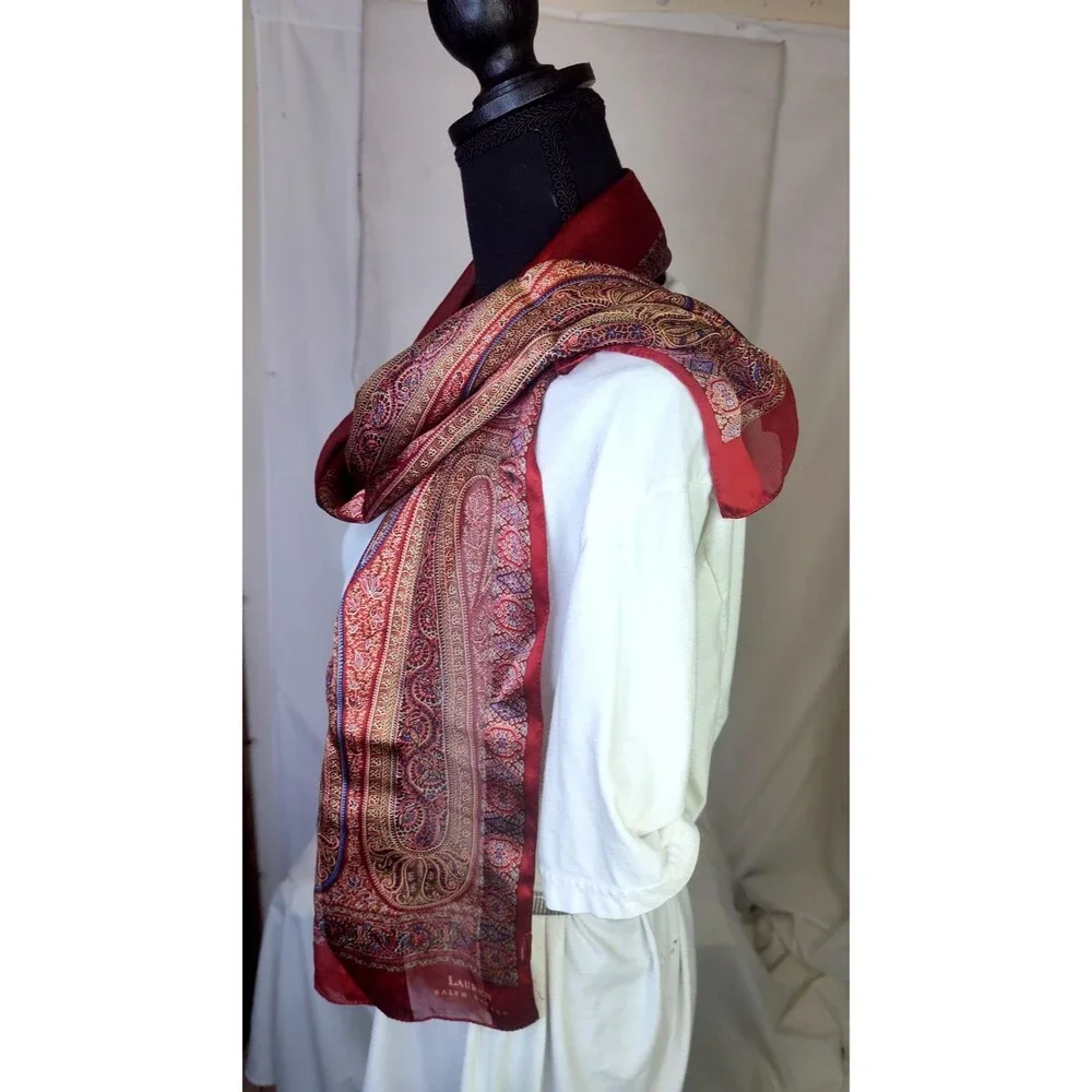 Lauren Ralph Lauren Vintage Silk Scarf Paisley Burgundy  Gold Classic  52